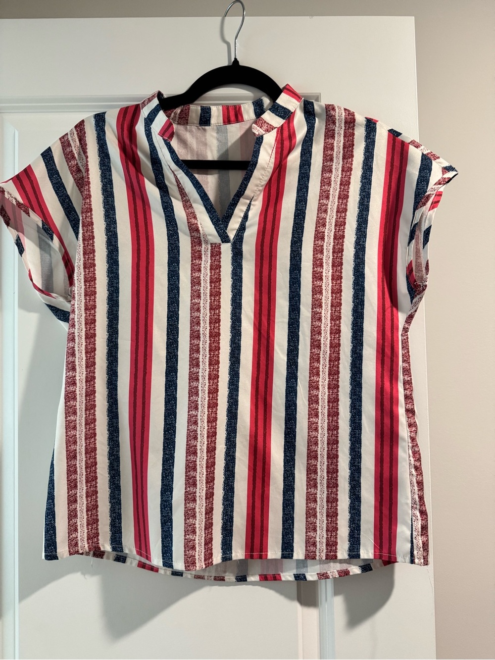 Striped V-Neck Cap Sleeve Top in Red, Navy & White